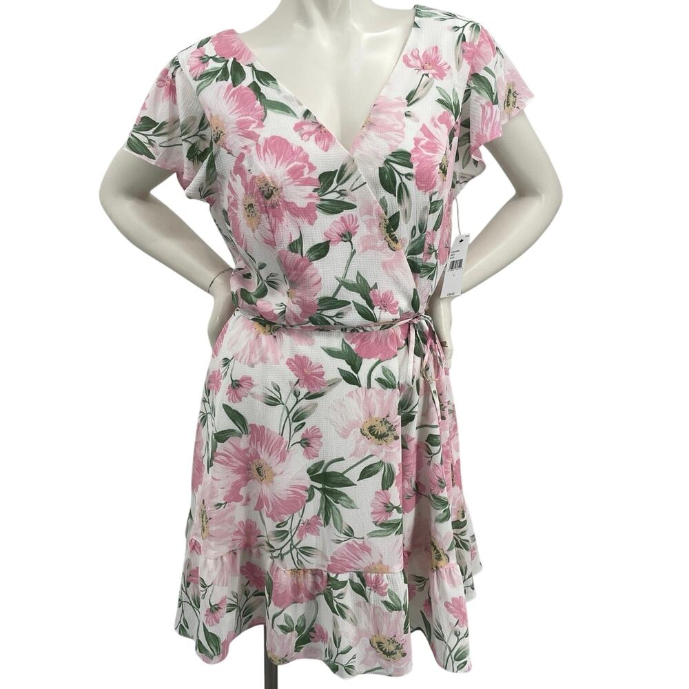 Brannan Womens White Pink Green Floral Flutter SS Fit Flare Dress V Neck NWT Lge